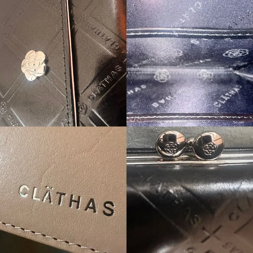 Authentic CLATHAS Black Quilted Leather Wallet with Camellia Emblem – Excellent
